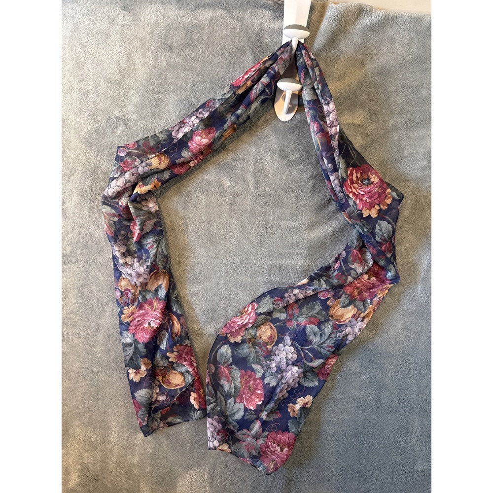 Vintage Floral Chiffon Scarf Navy Blue Pink Roses Grapes Fruit Print Wrap Scarf